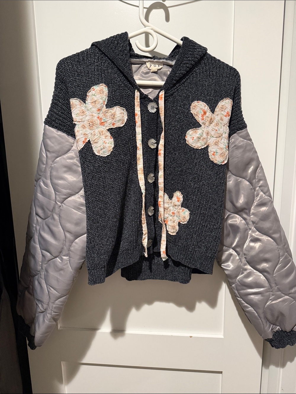 POL Gray Hooded Patchwork Jacket with Quilted Silver Sleeves